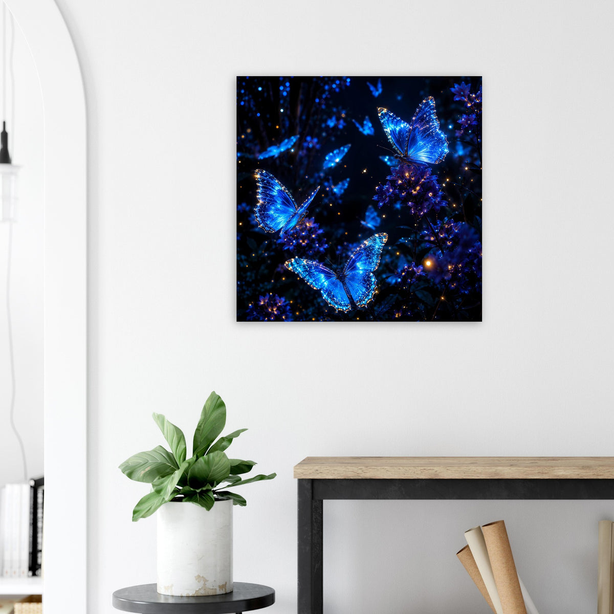 Quadratisches Poster: leuchtende blaue Schmetterlinge vor dunklem Funkenhintergrund