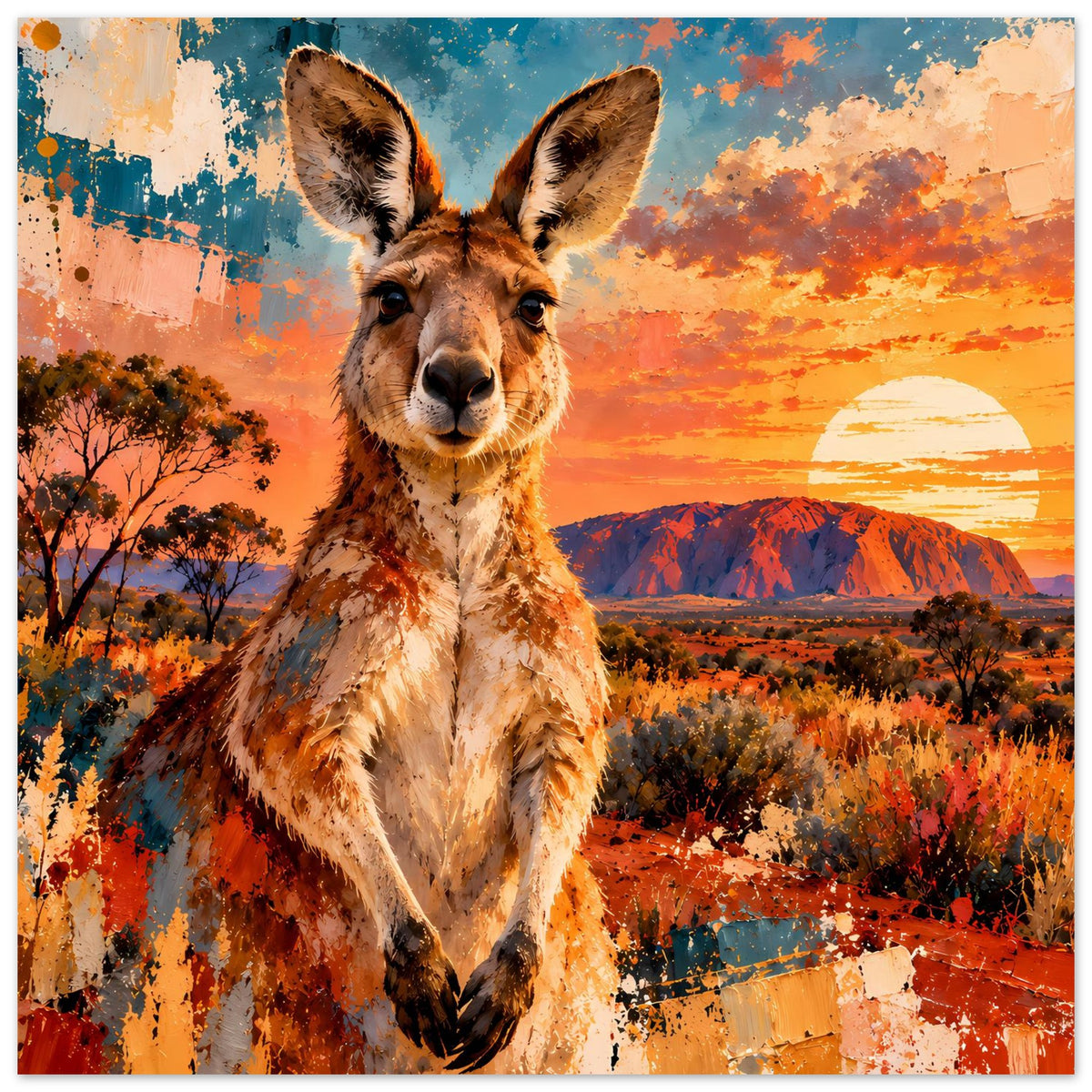 Posterdruck mit Känguru bei Sonnenuntergang, gelb-orangefarbener Himmel und Buschlandschaft