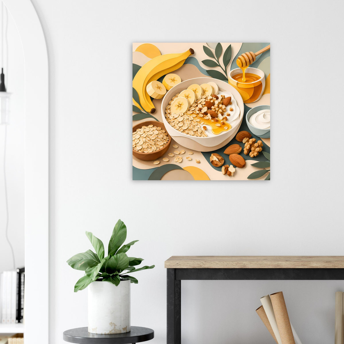 Quadratisches Poster mit Frühstücksbild: Haferflocken, Banane, Honig und kleine Nussstücke