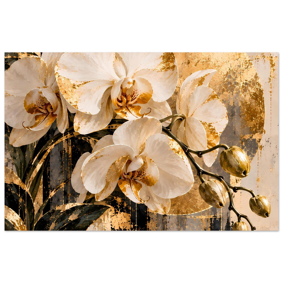 Blumenposter im Querformat: weiße Orchideenblüten mit goldenen Sprenkeln und Zierzweigen.