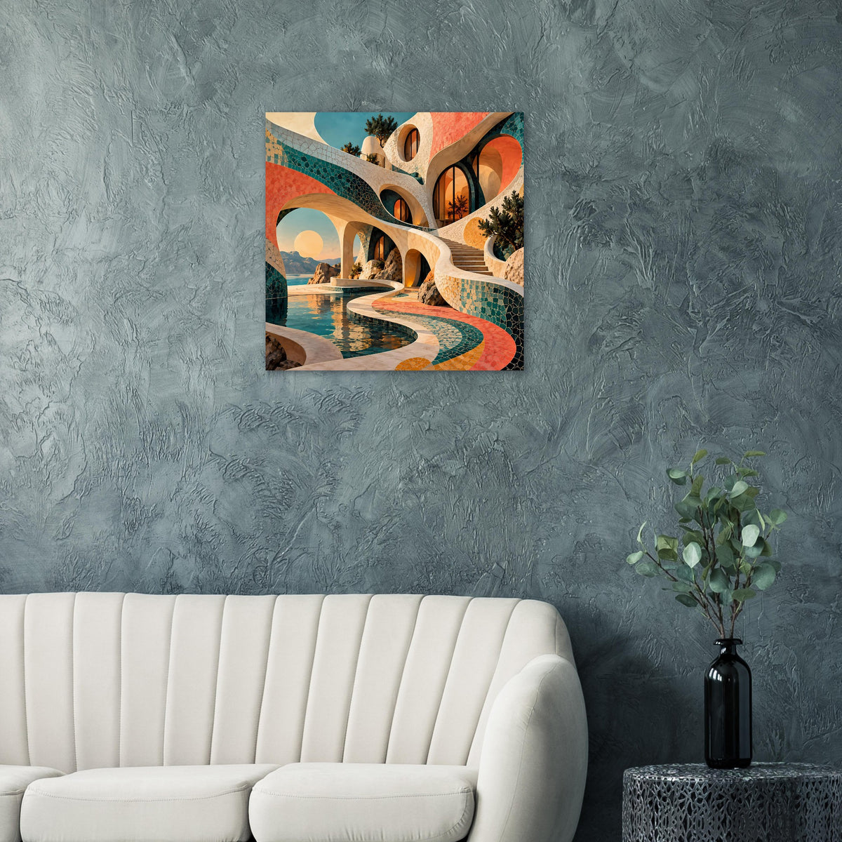 Kunstposter mit surreale Architektur-Mosaik, türkis-korallenem Wasserlauf und Rundbögen
