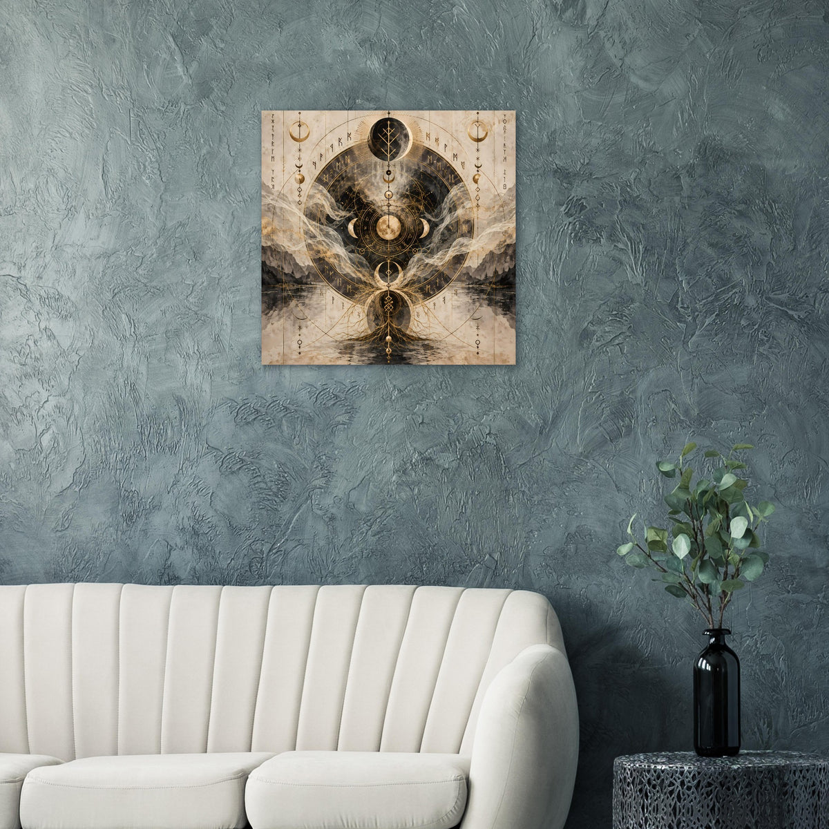 Wandposter mit goldfarbenem Mondphasen-Motiv und Ornamenten