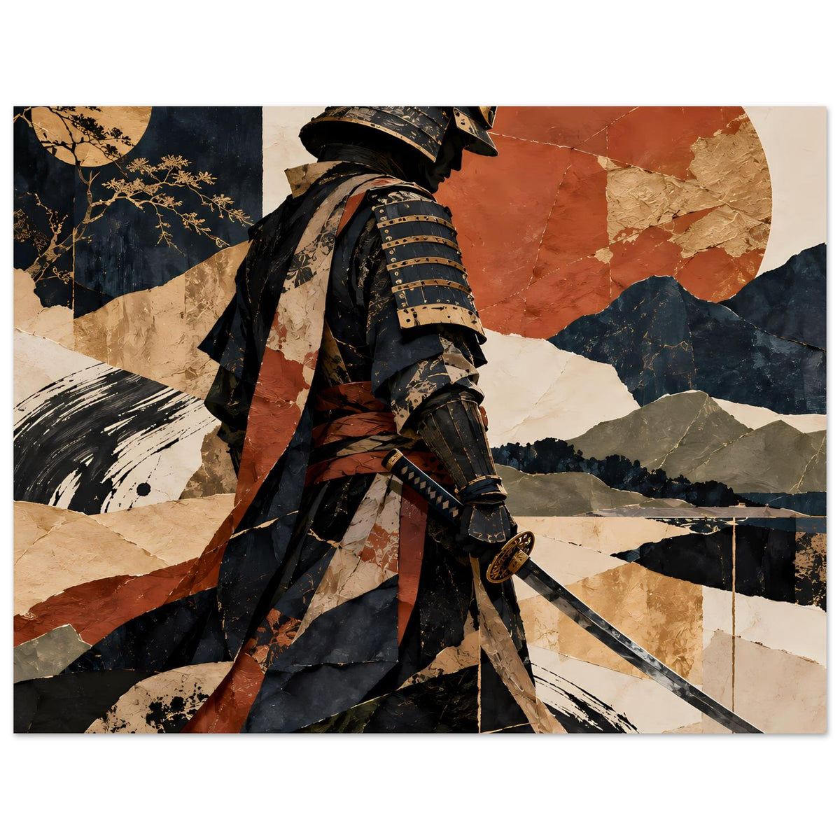 Poster im Querformat mit Samurai in Rüstung, Schwert diagonal, abstrakte Landschaft, Erdtöne