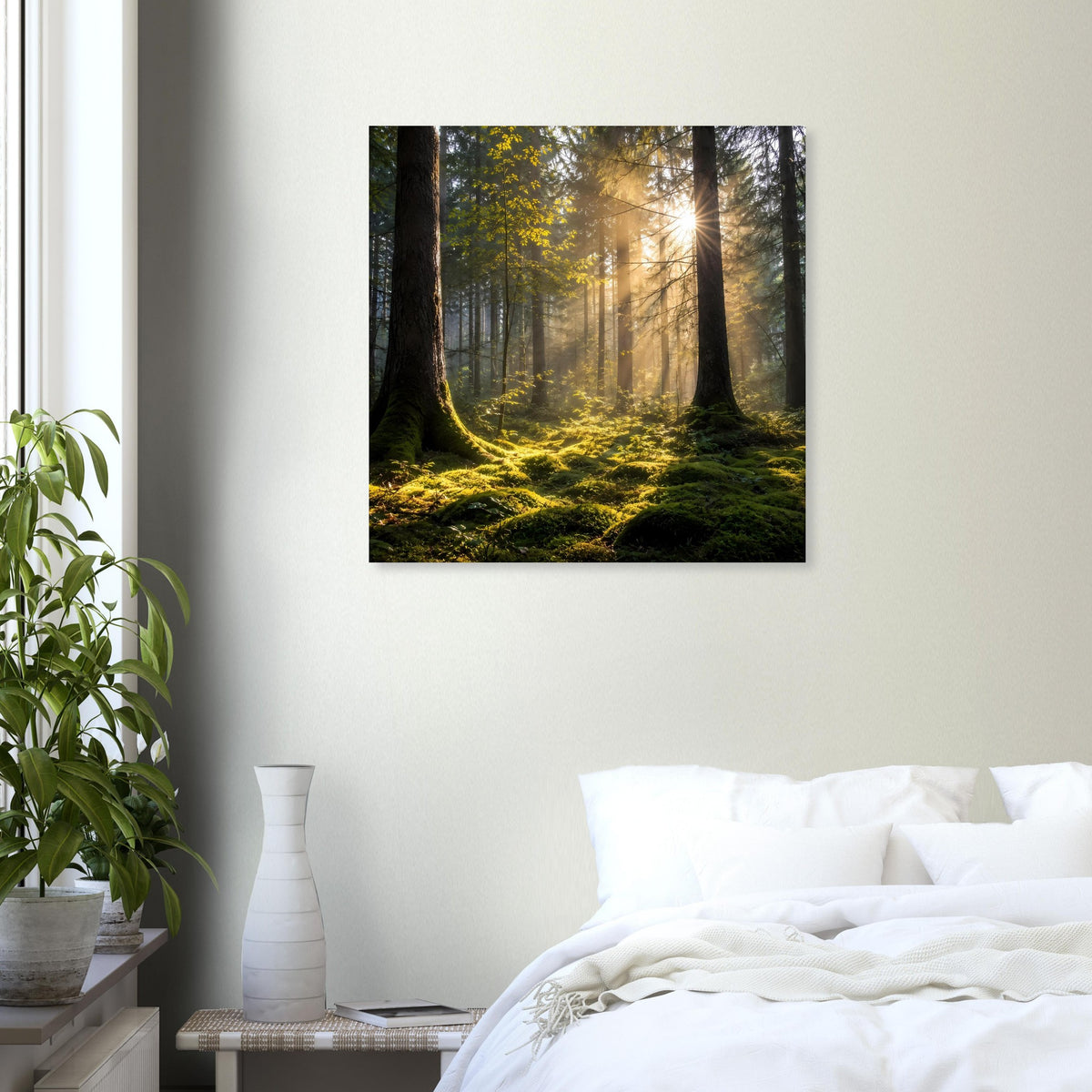Quadratisches Poster mit Waldszene, goldenen Sonnenstrahlen und grünem Unterholz
