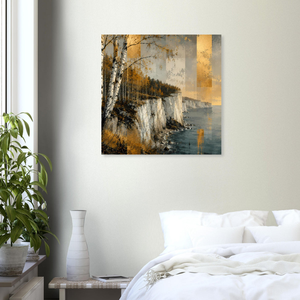 Wandposter mit Küstenklippen-Motiv, gelb-brauner Lichtstimmung und blauem Wasser