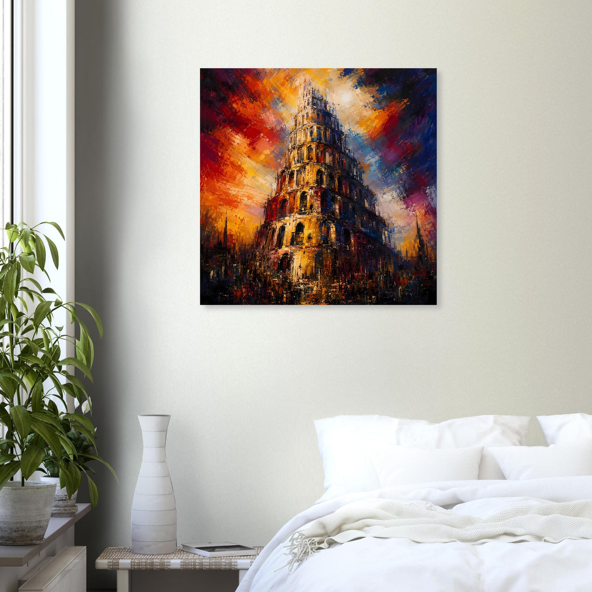 Quadratisches Poster mit Turm von Babel, detailreiche Architektur zwischen orangefarbenem Himmel.
