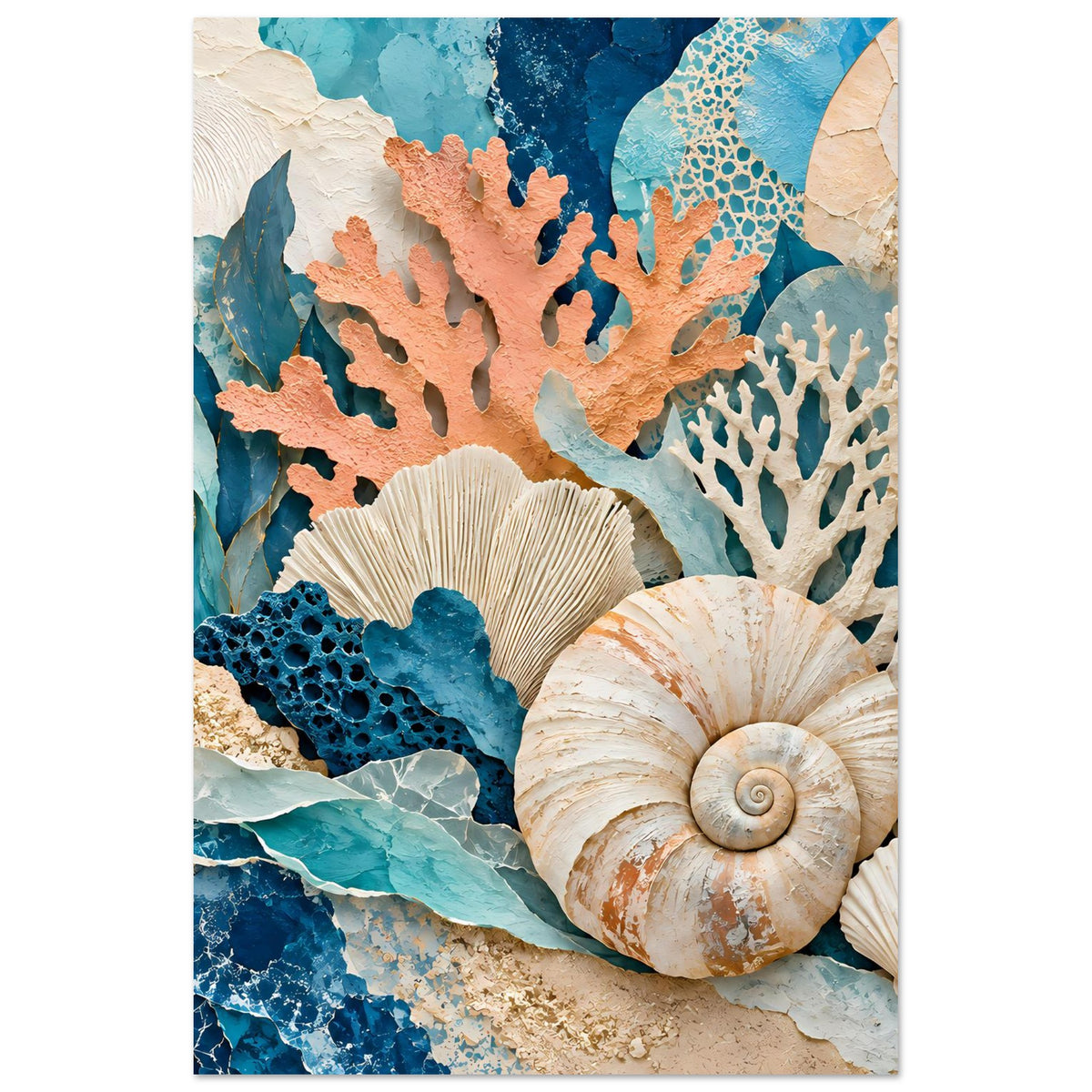 Meerestief-Poster im Hochformat: Muscheln, Korallenast und blaues Schwamm-Motiv