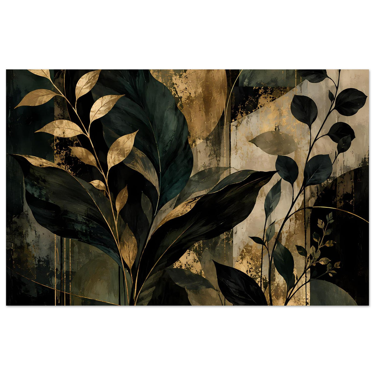 Kunstposter mit botanischer Illustration: dunkelgrüne und goldene Blätter, abstrakter Stil