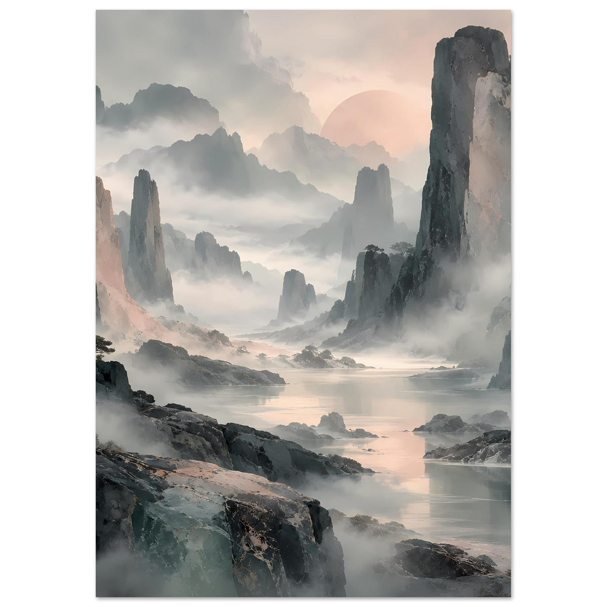 Hochformat-Poster mit Nebellandschaft aus Bergen, Wasser und sanfter Sonnenrundung