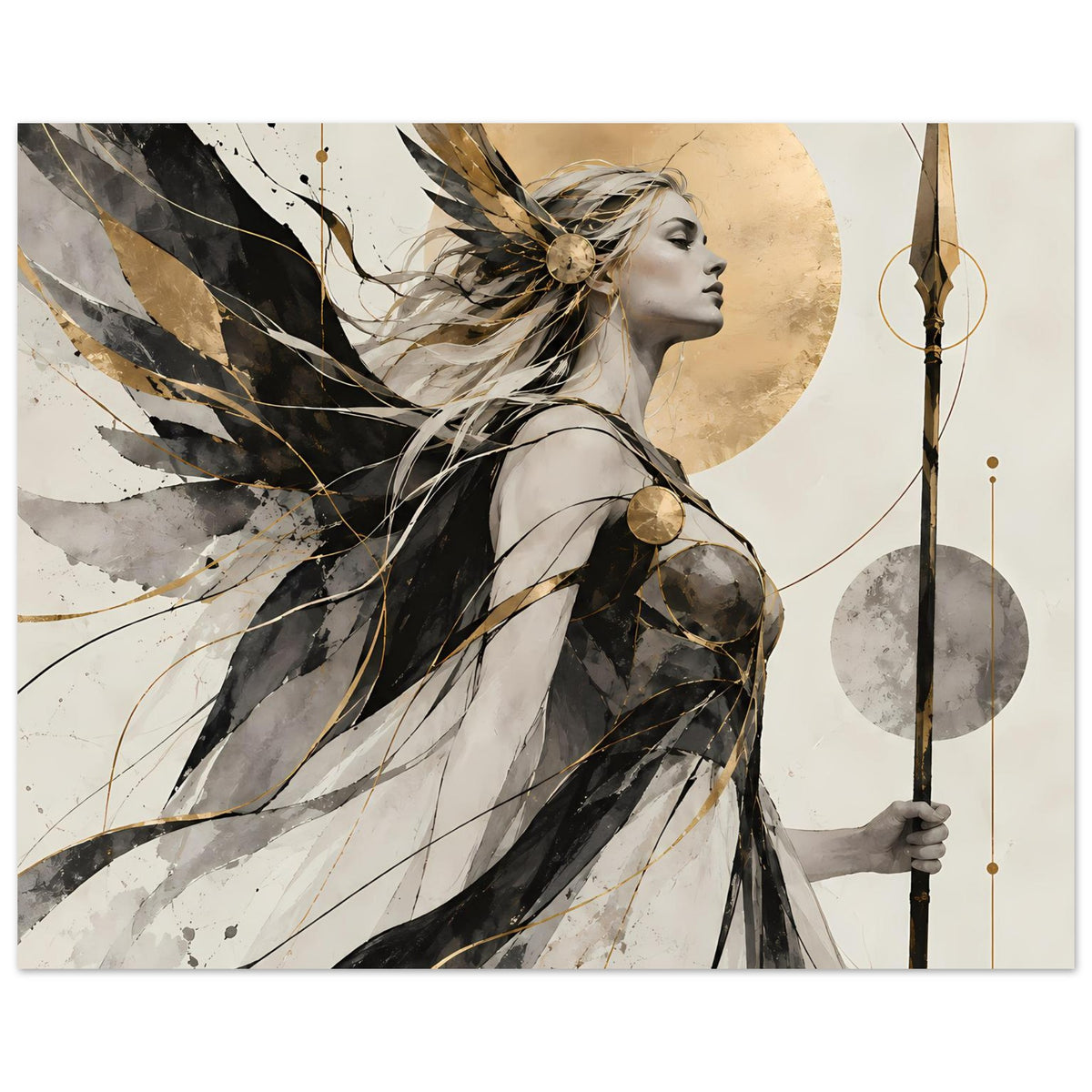 Horizontales Kunstposter: Kriegerin mit Federkrone, schwarzer Schattierung, goldene Akzente am Speer