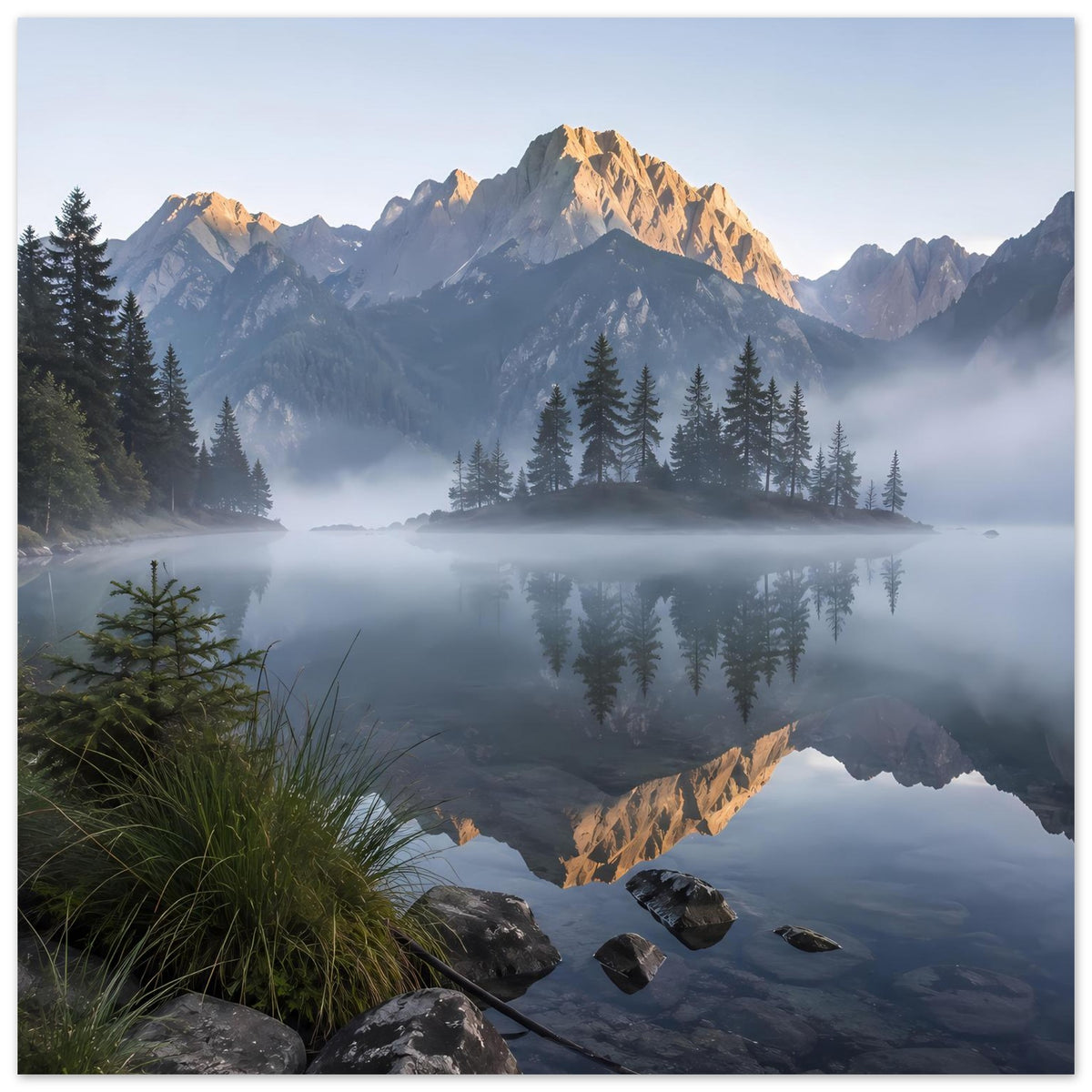 Poster mit spiegelndem Bergsee, Nebel über dem Wasser und Wald am Ufer