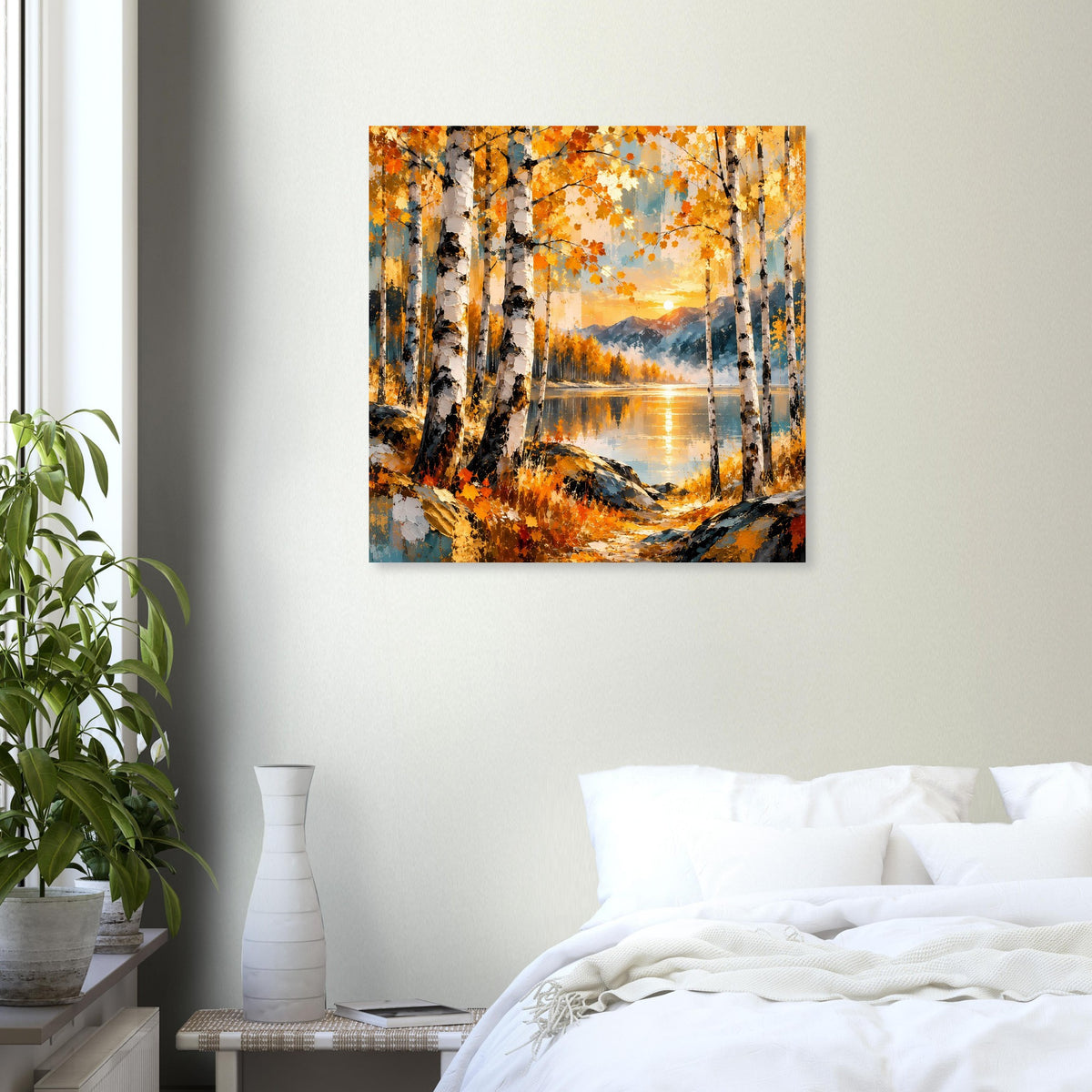 Poster mit Herbstwald: Birken zwischen orange-gelben Blättern, reflektierender See