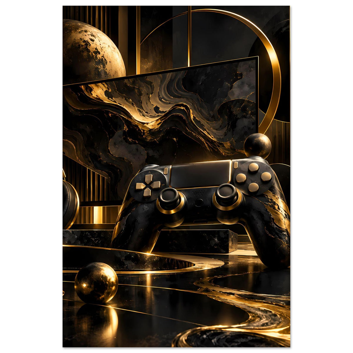 Gaming-Poster mit Gamecontroller in Schwarz und Gold, Planetenball im Hintergrund und Strukturen