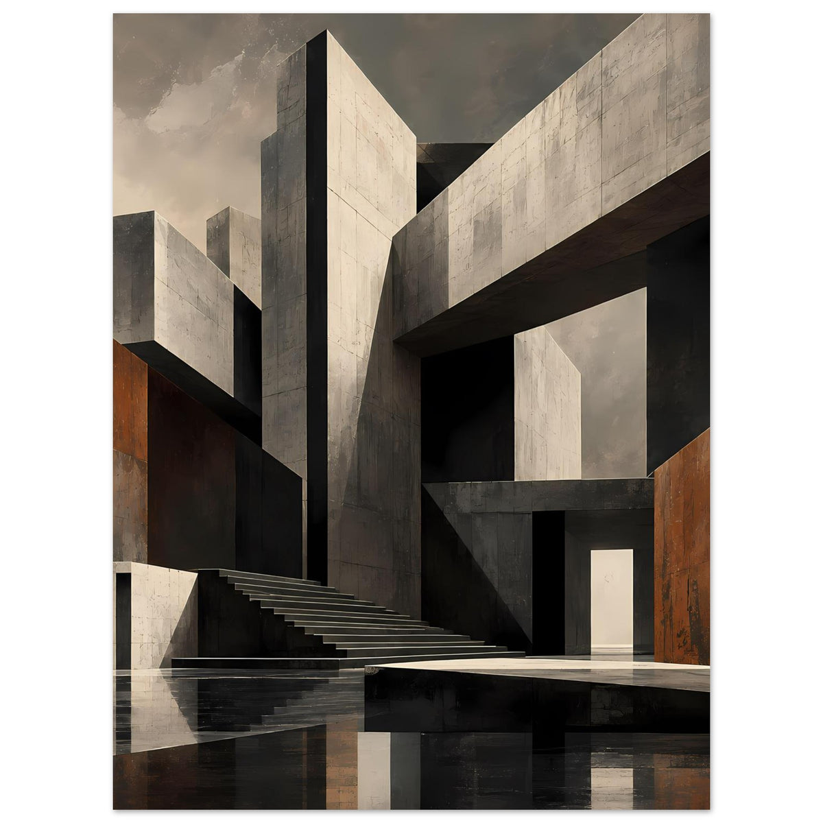 Gerahmtes Architekturposter: abstrakte Architekturflucht mit Treppe, Schwarz‑Weiß und Rost