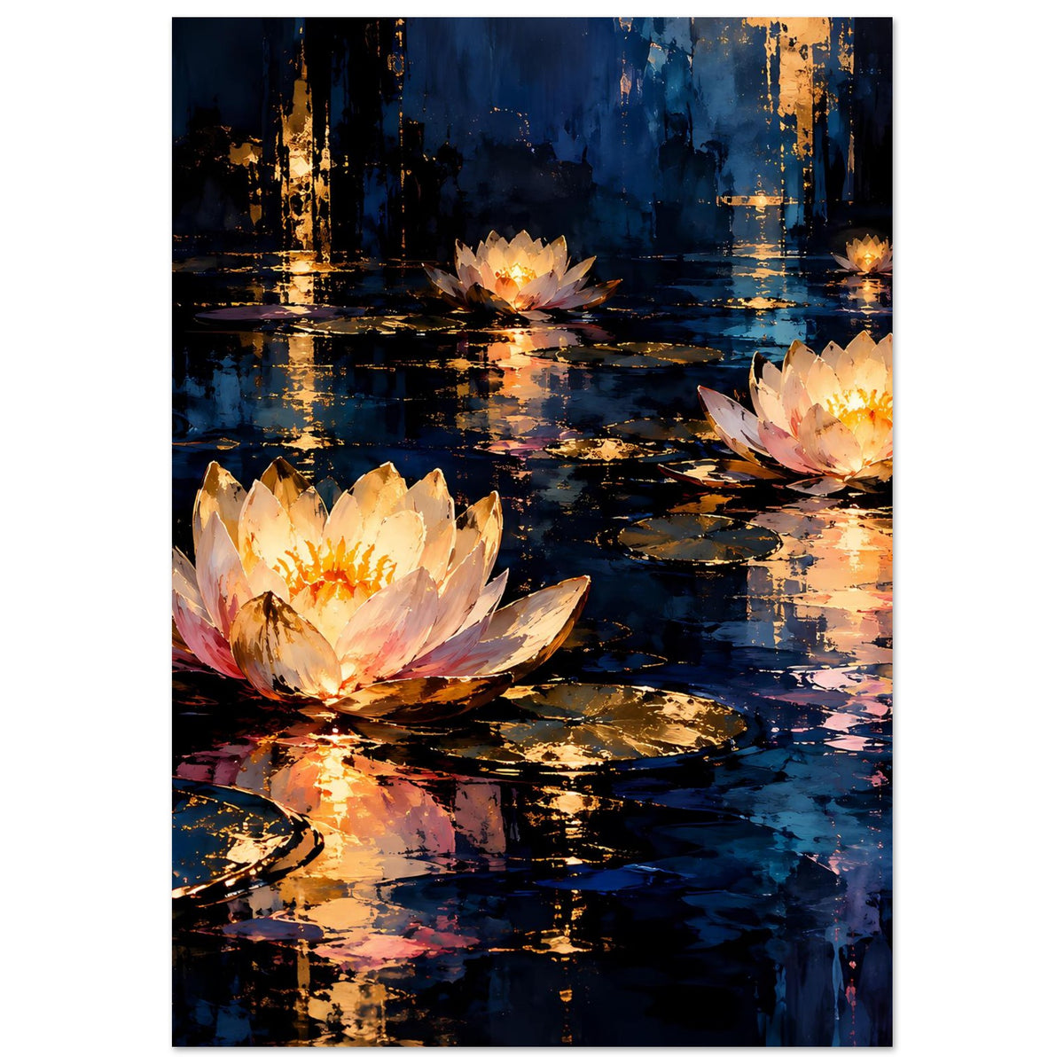 Blumenposter mit drei leuchtenden Seerosen und goldenen Lichtreflexen auf blauem Grund
