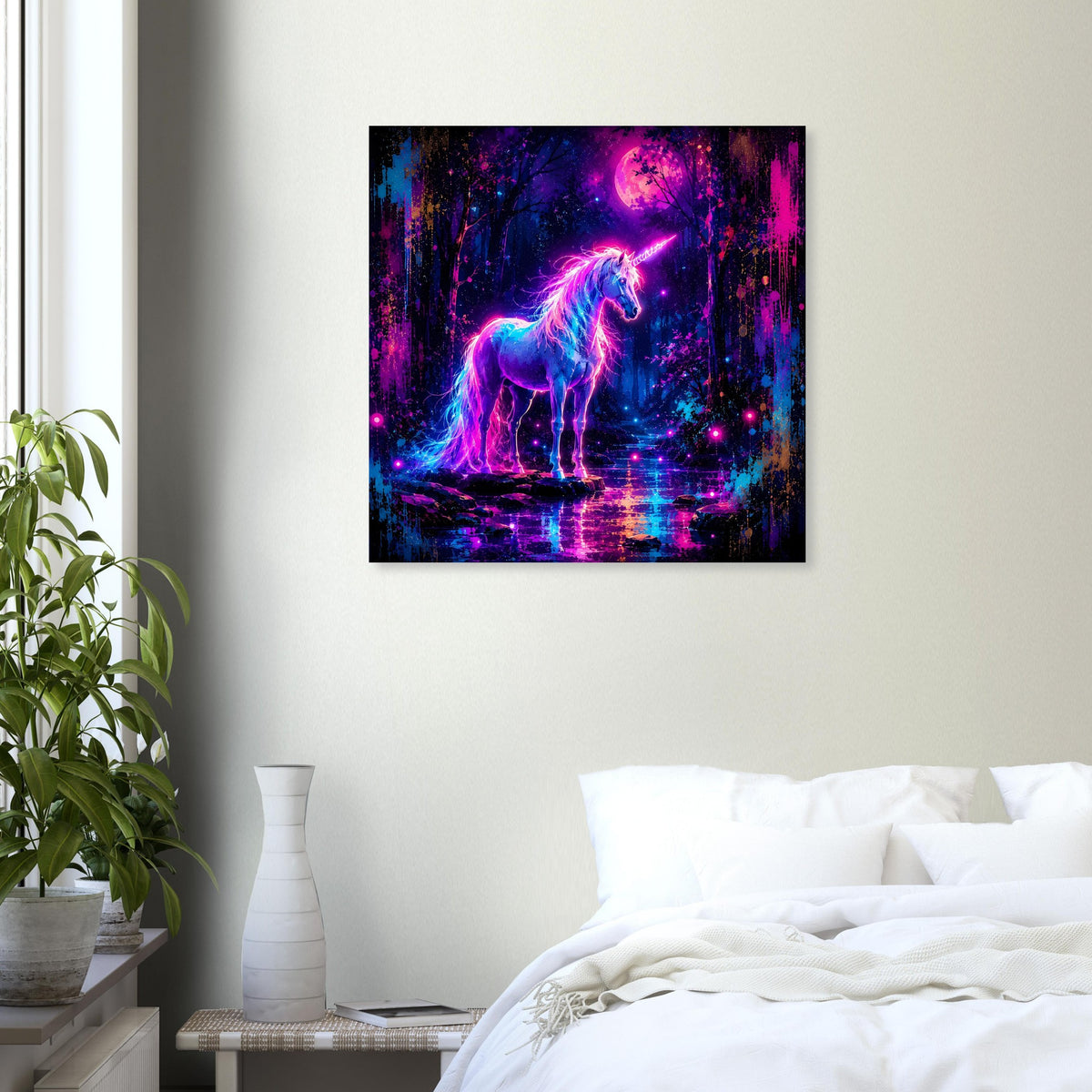 Quadratisches Poster mit Neon-Einhorn im Nachtwald, farbige Reflexe auf dem Boden