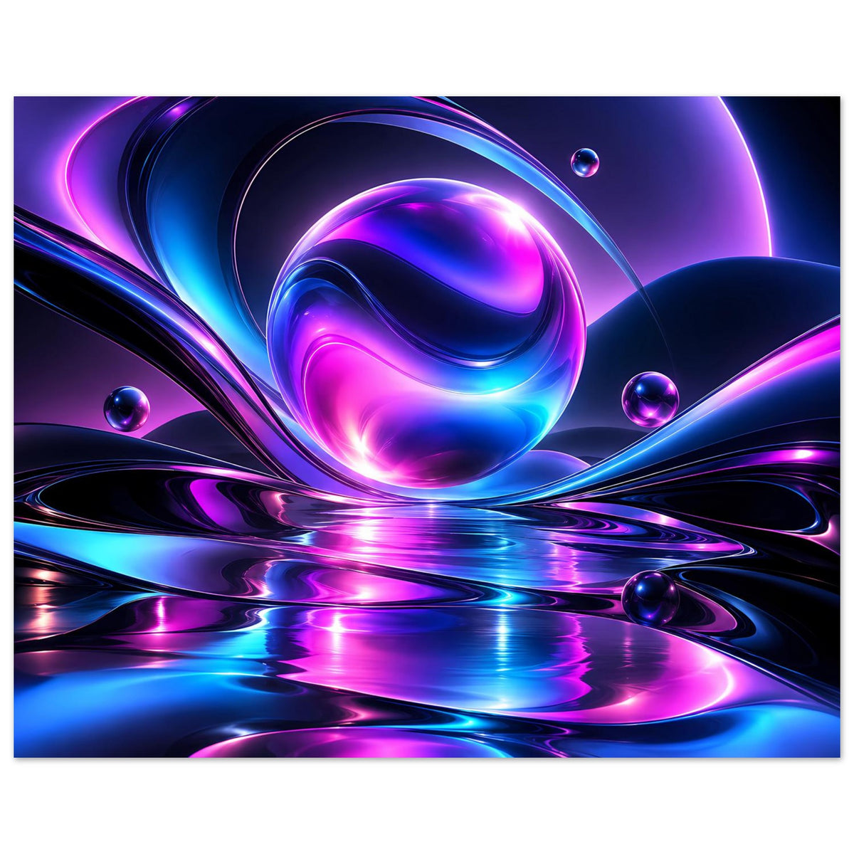 Abstraktes Neon-Poster mit violetter Hauptkugel, blauen Ringen und Reflexionen am Boden