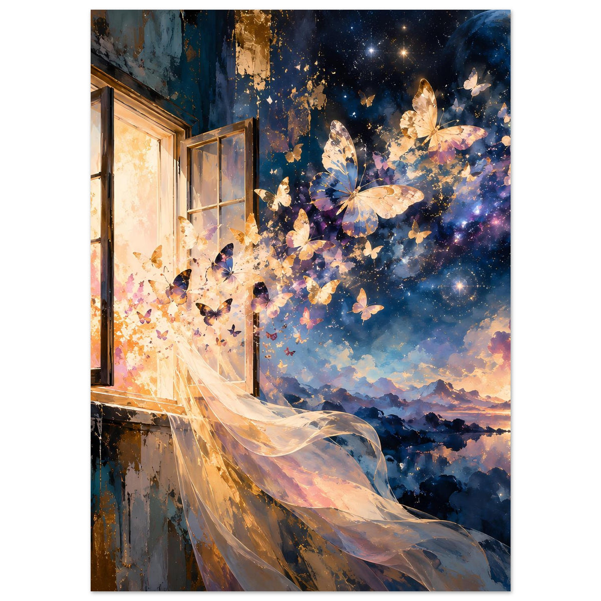 Kunstposter: Schmetterlingsschwarm über Wolken, Mond und Sterne rechts