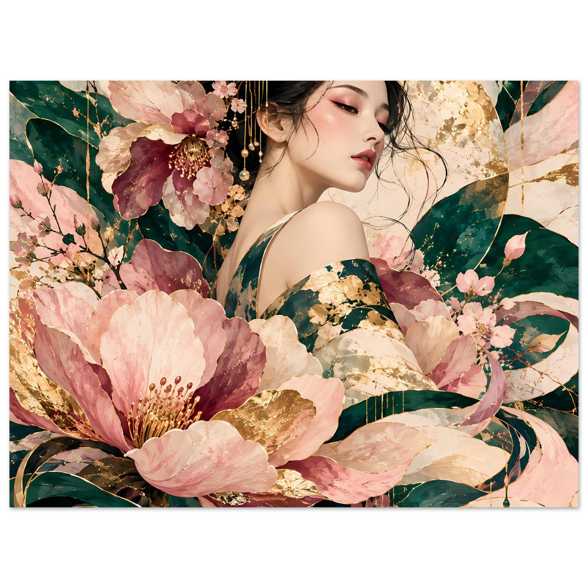 Elegantes Poster mit floraler Frauendarstellung in Rosé, Grün und Gold