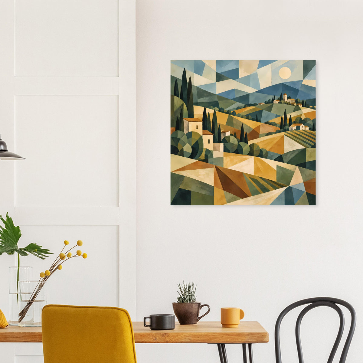 Quadratisches Poster mit Toskana-Dorfansiedlung in geometrischen Formen, warmen Erdtönen