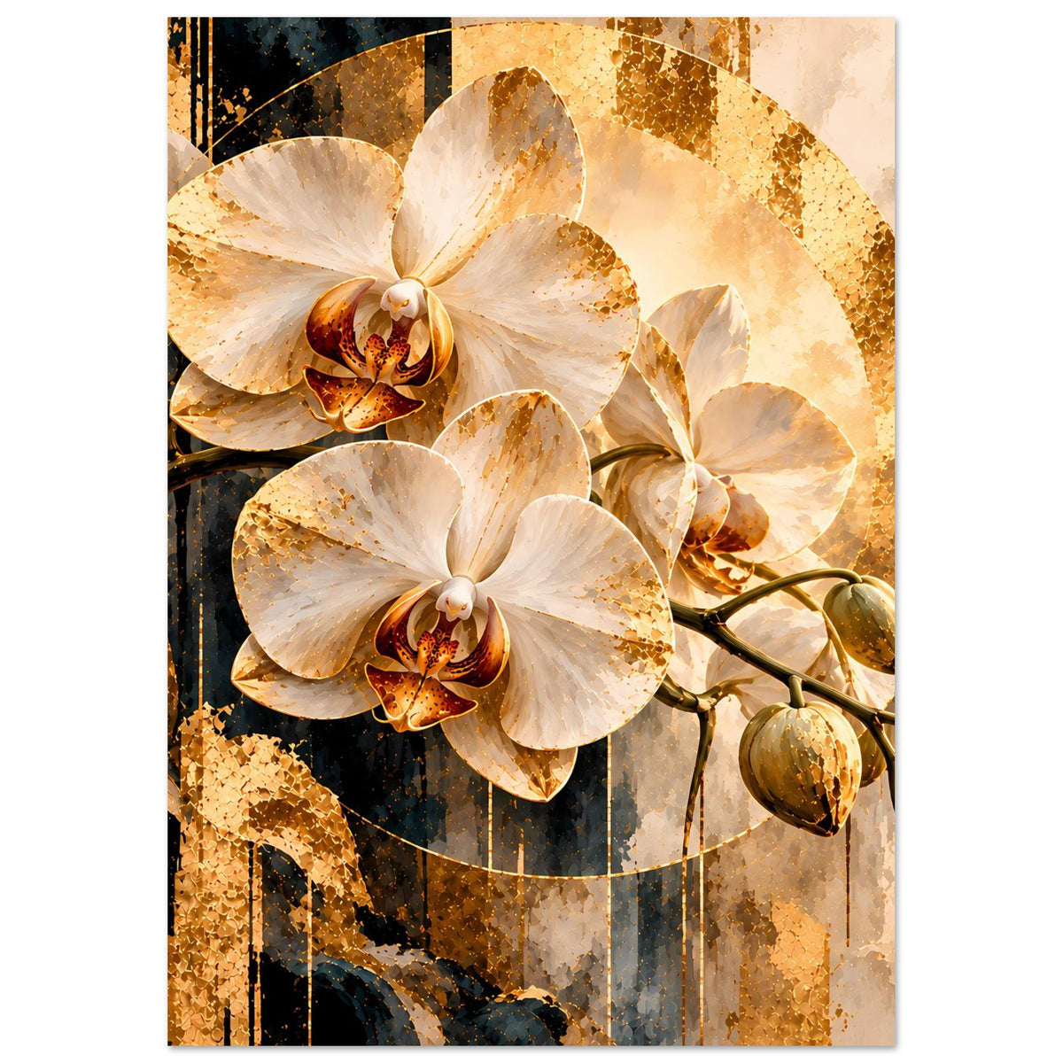 Orchideen-Kunstposter, vertikal mit großen cremefarbenen Orchideen und goldenen Sprenkeln