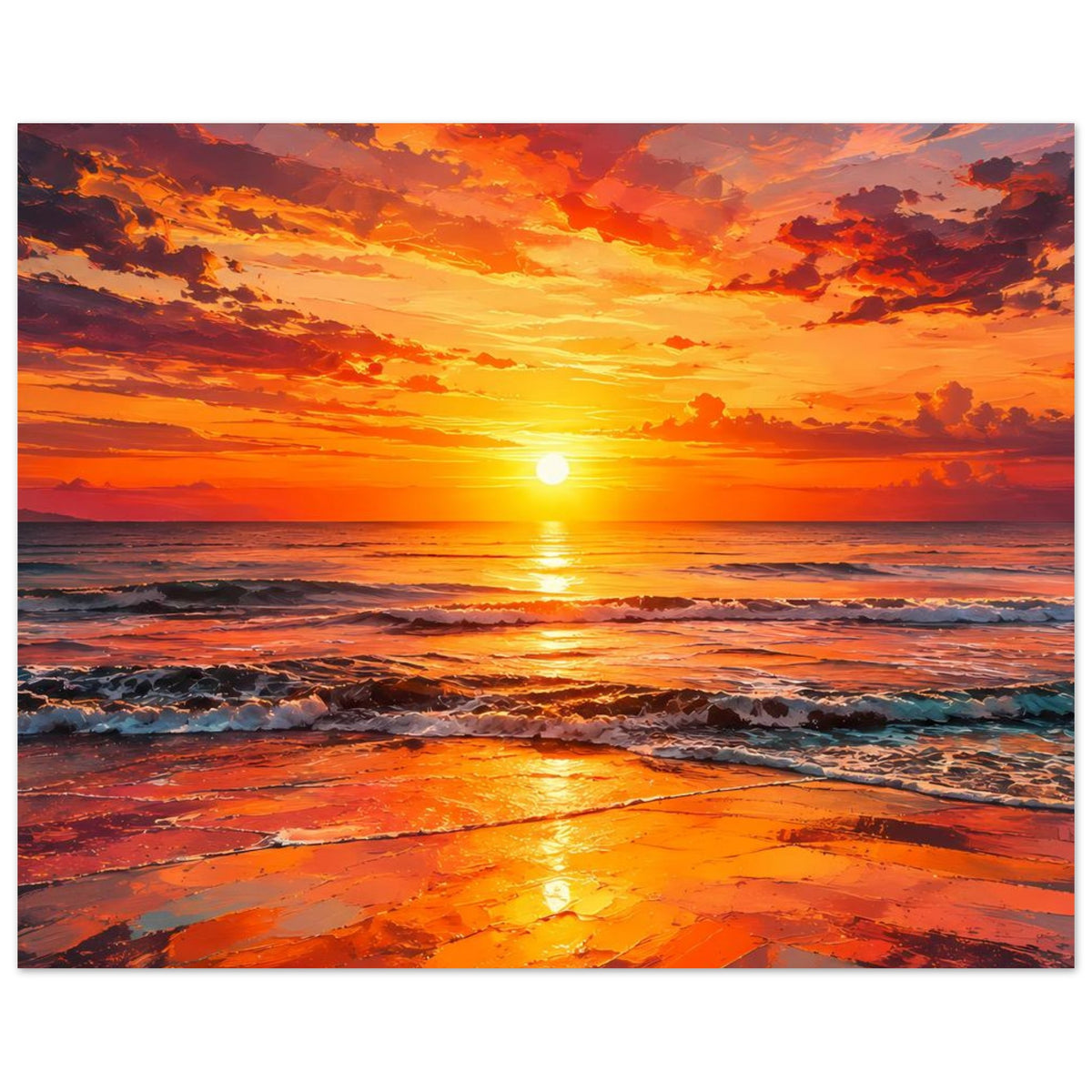 Wandposter mit Meer und Sonnenaufgang, goldene Lichtbahn auf nassem Sand