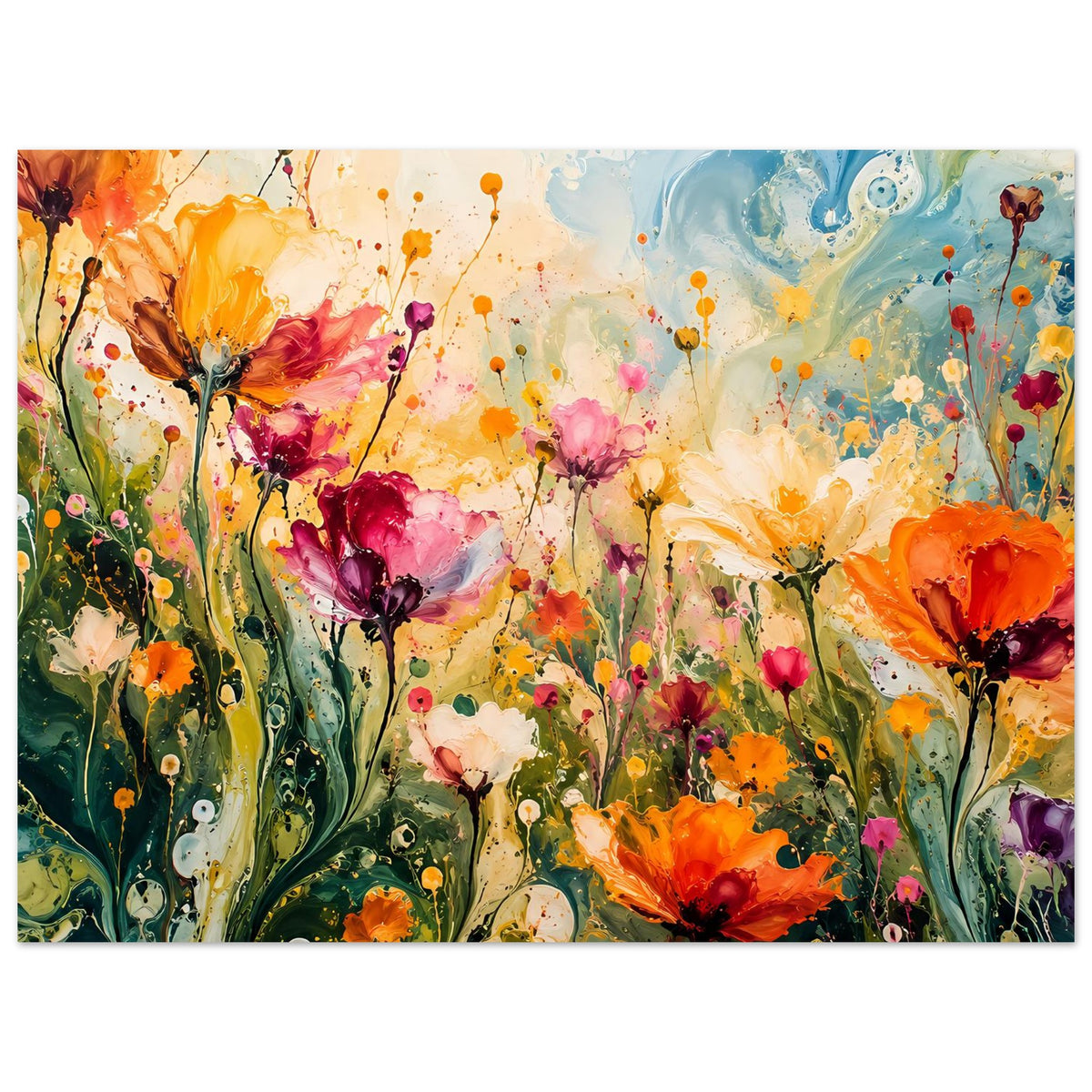 Panoramisches abstraktes Blumenposter mit orange und pinken Blüten und vielen Farbtröpfchen