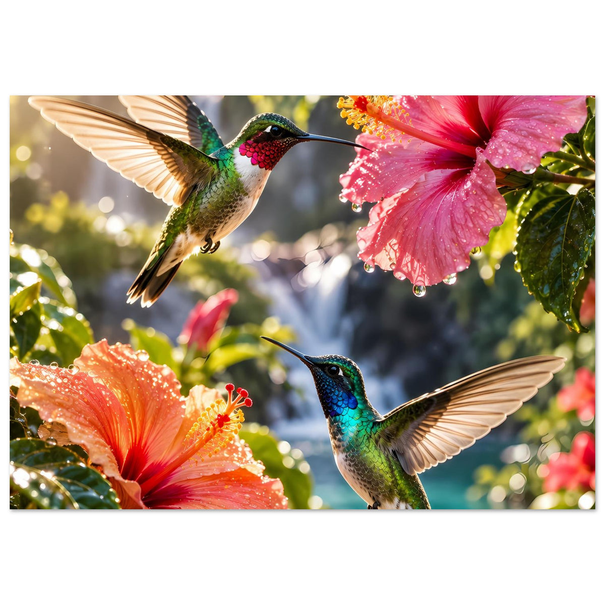 Horizontales Poster mit Kolibris, große rosa Hibiskusblüte oben rechts und orange Blüte links