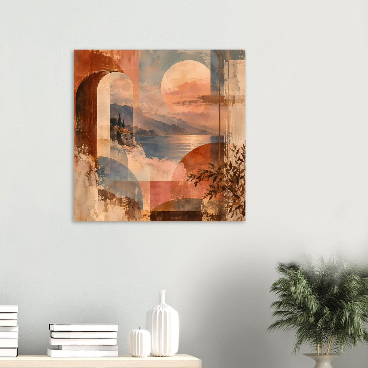 Quadratisches Landschaftsposter mit abstrakter Küste im Sonnenuntergang, warme Erdtöne.
