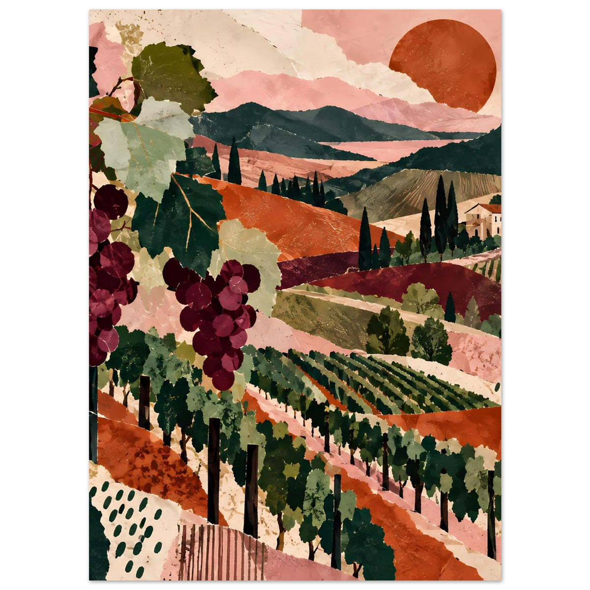 Poster Weinreben-Landschaft: grüne Rebzeilen, rostrote Hänge, Zypressen und kleines Hauscluster
