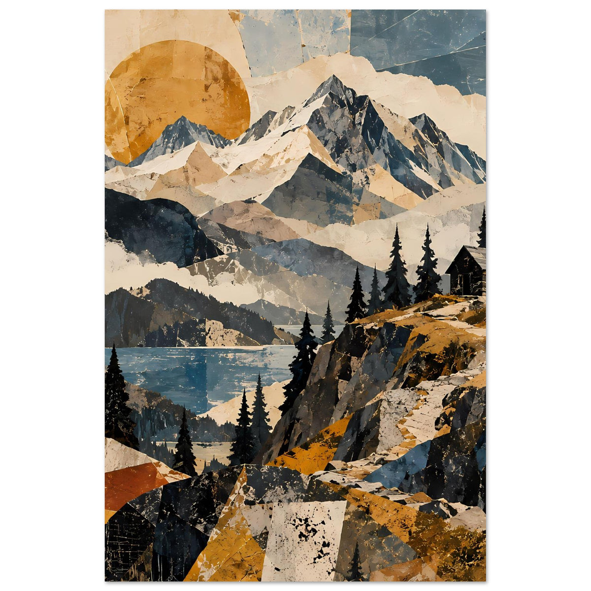 Hochkant-Naturposter mit Bergpanorama, See, Tannenwald und Berghütte, abstrakte Formen
