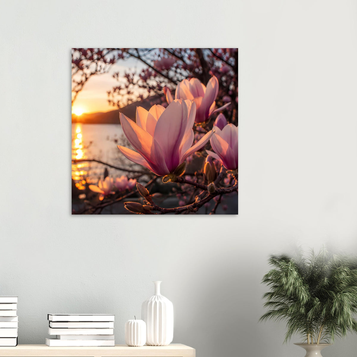 Blumenposter mit Magnolienblüten und Sonnenaufgang am Ast, quadratisch gerahmt