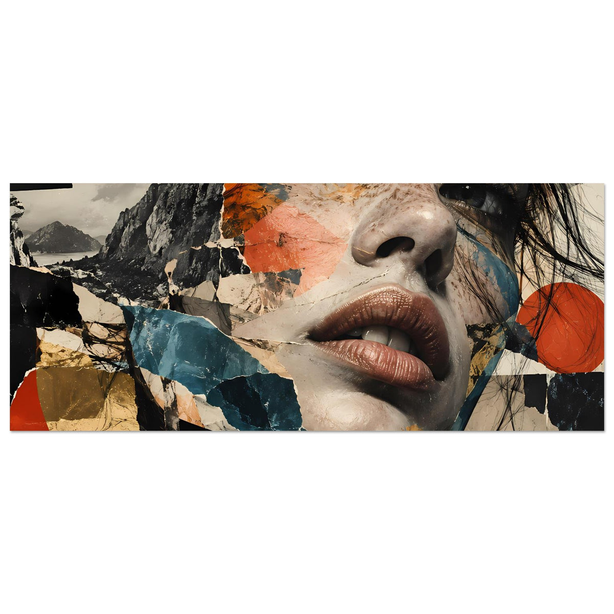 Abstraktes Collage-Porträtposter (breit, Querformat) mit Frauen-Gesicht und bunten Geometrieflächen