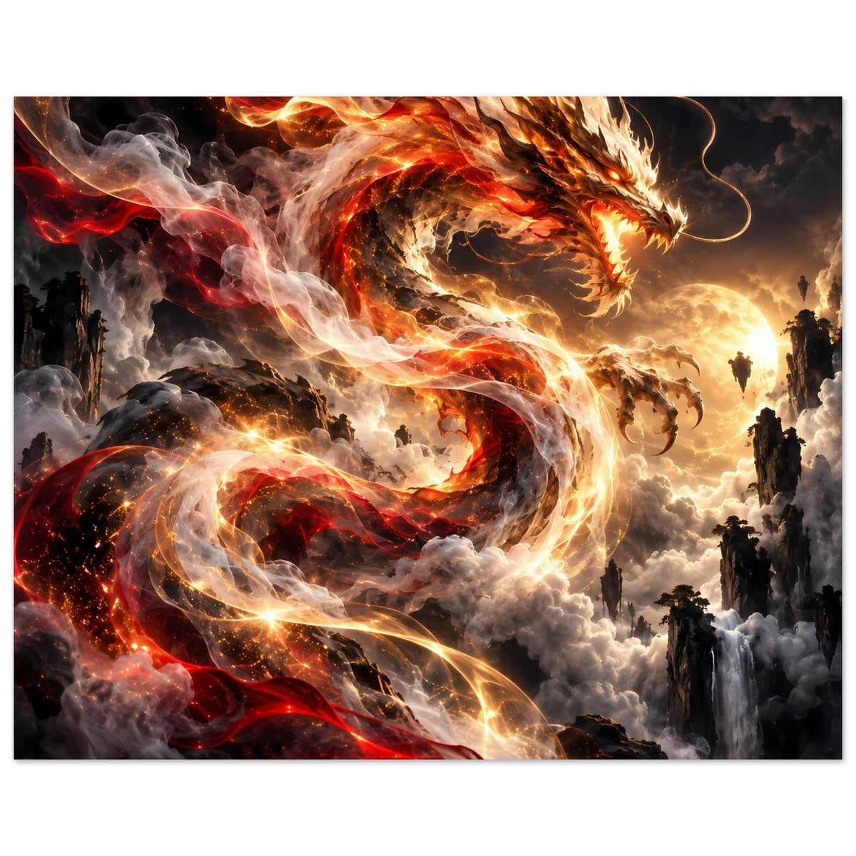 Drachen-Fantasyposter: rotes und goldenes Feuer spiralförmig durch den Himmel