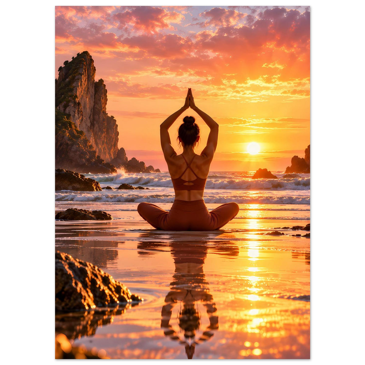 Yoga-Poster: Person im Lotussitz, Sonnenuntergangsfarben über Küste und Wellen