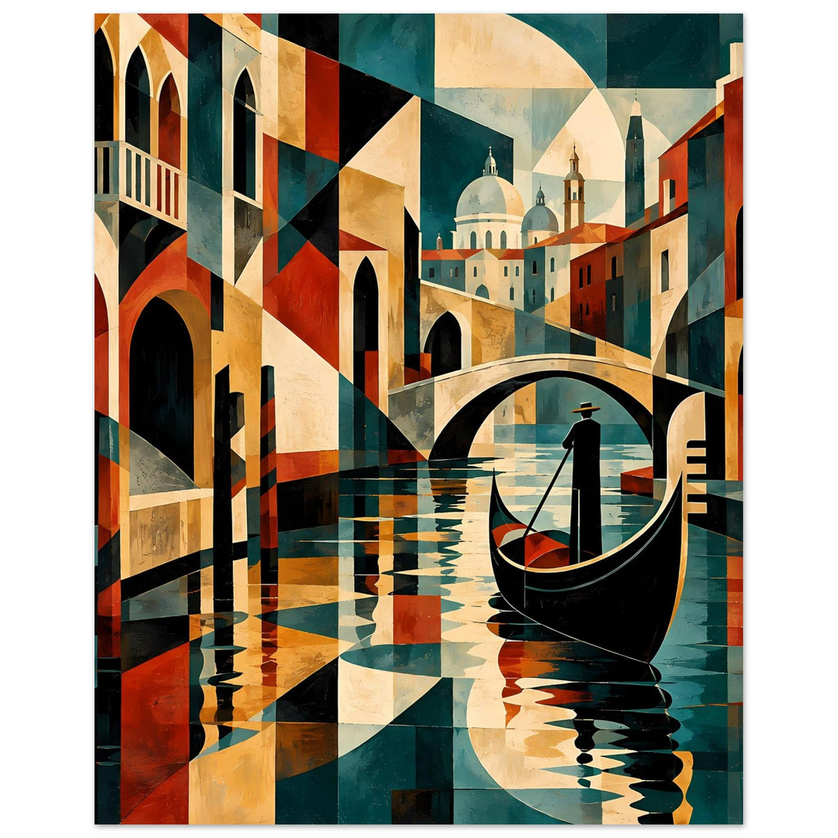 Wandposter mit geometrischer venezianischer Szene: Gondel, Brücke und Campanile in Erdtönen.