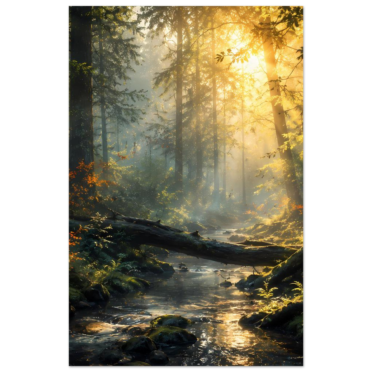 Poster im Hochformat: Wald, Bachlauf und goldenes Licht durch die Bäume