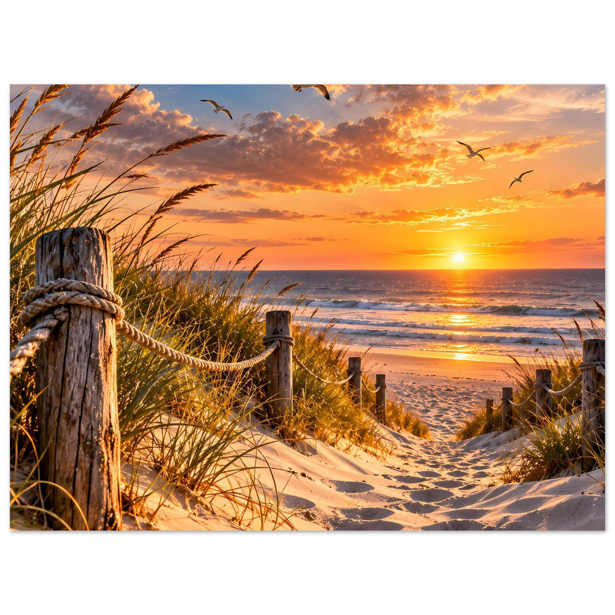 Strandposter mit warmem Abendhimmel, Sandstrand, Drahtzaun, Dünengras und Möwen am Ufer