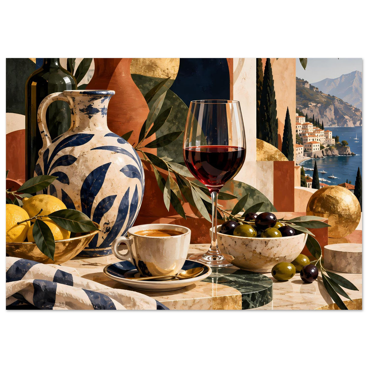 Poster mit mediterranem Stillleben: Keramikvase, Rotweinglas, Tasse, Schale mit Oliven