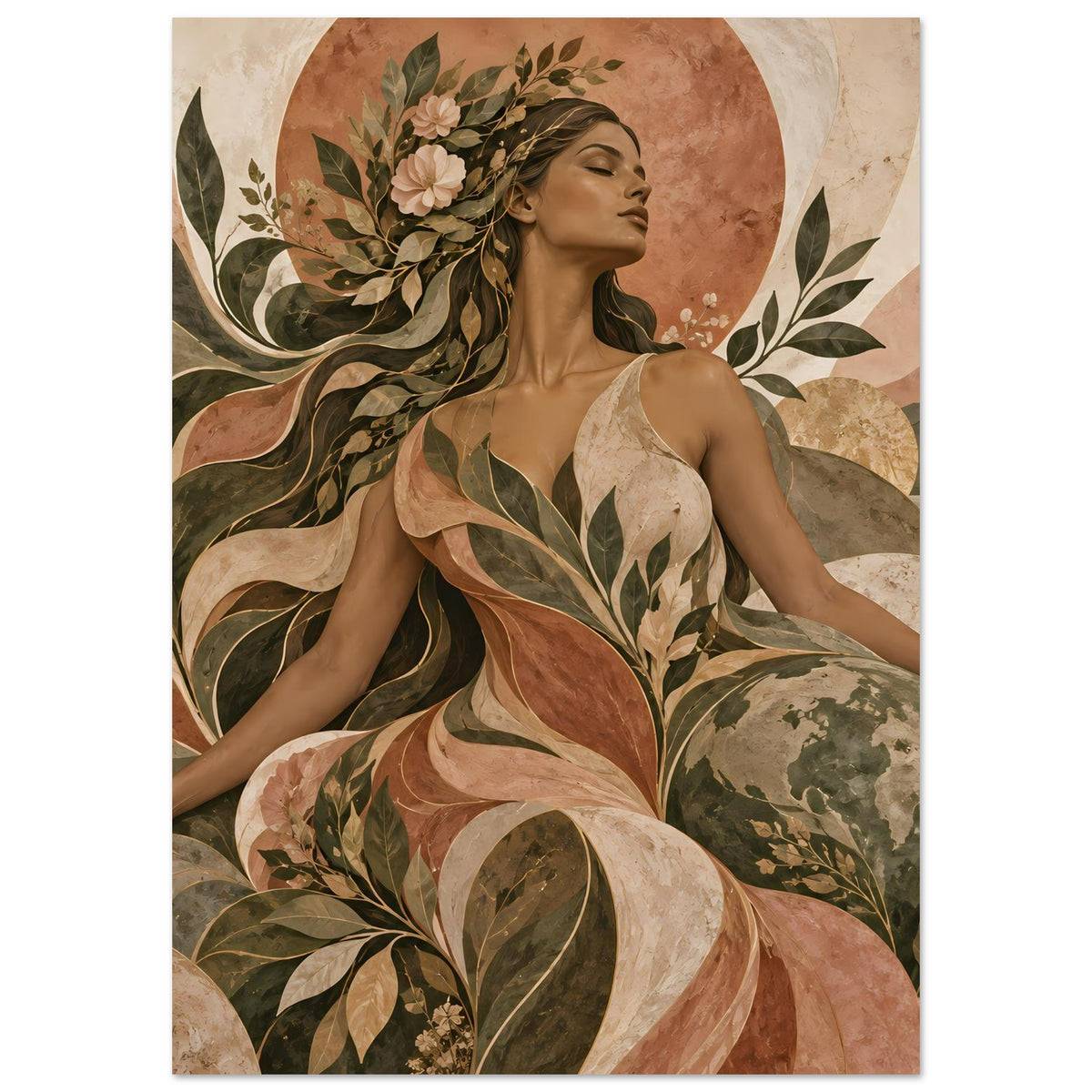 Vertikales Kunst-Poster mit Frau im floralen Muster und Erdtönen