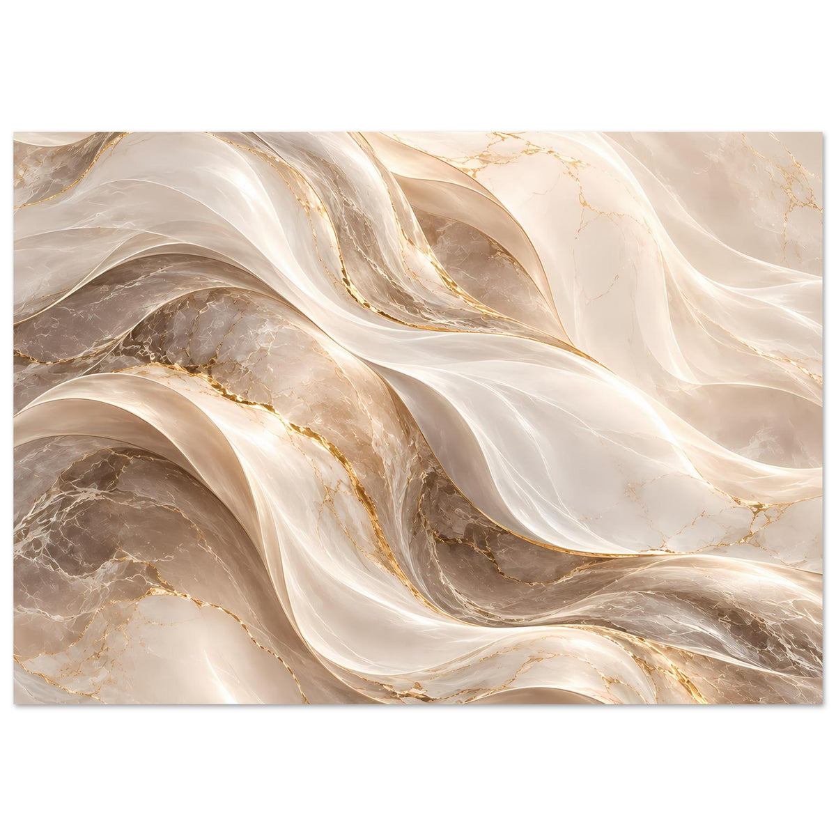Abstraktes Wellen-Poster horizontal: Creme, Gold, Taupe, marmorierte Fließbänder.