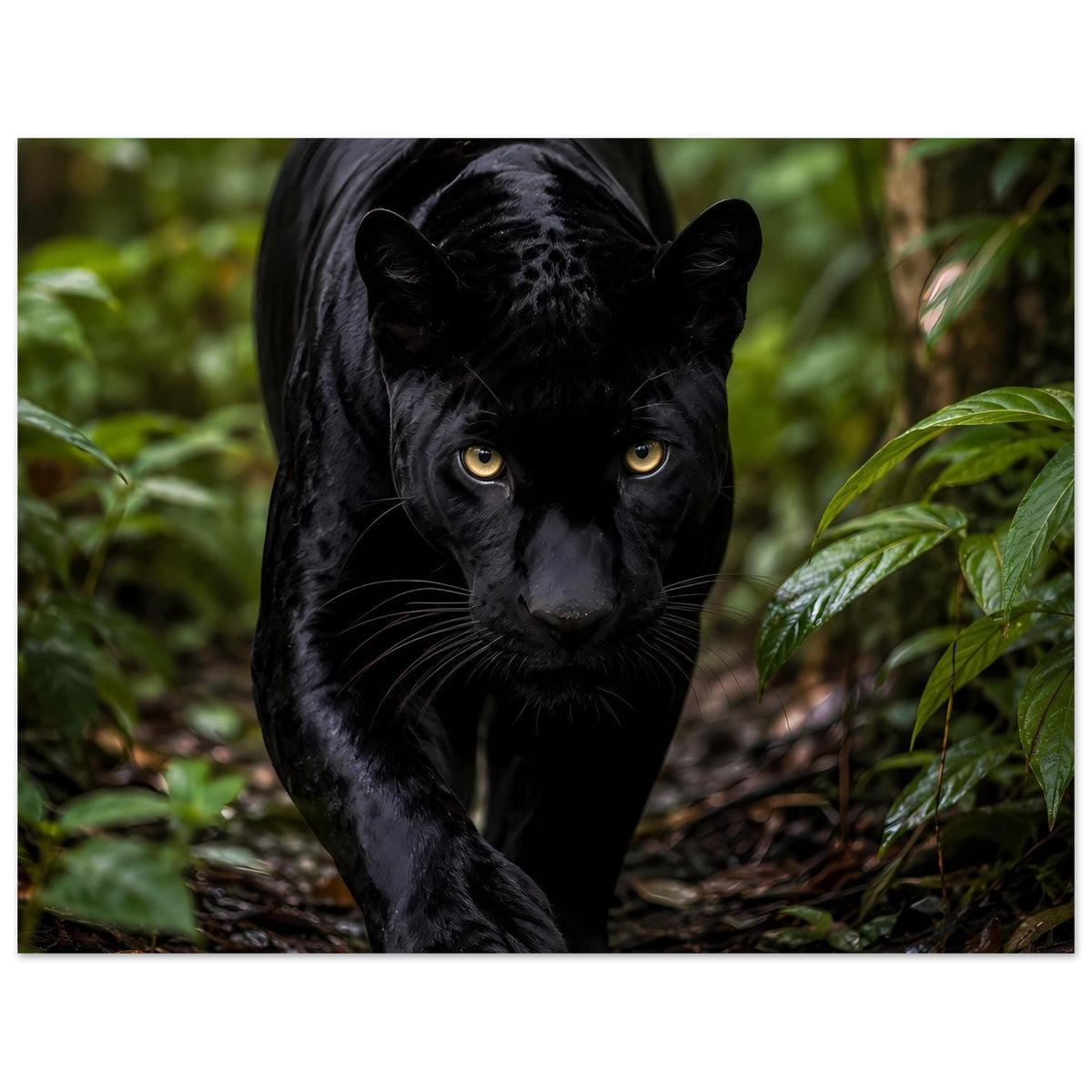 Horizontales Poster mit schwarzem Panther, gelbe Augen, Fokus auf Kopf und Blick