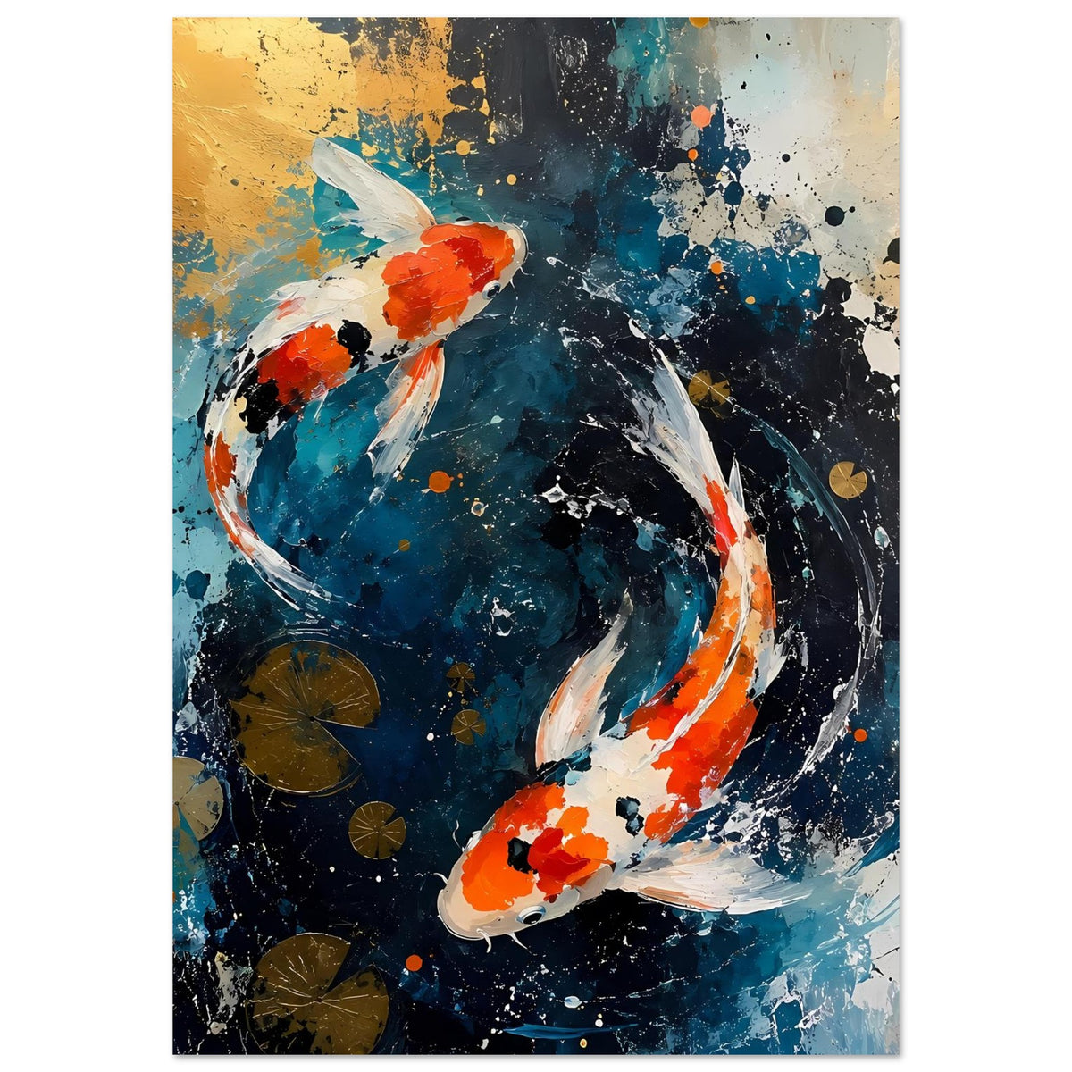 Zwei Koi im abstrakten Wasserwirbel als Poster: Blau, Orange, Weiß und dunkle Spritzer