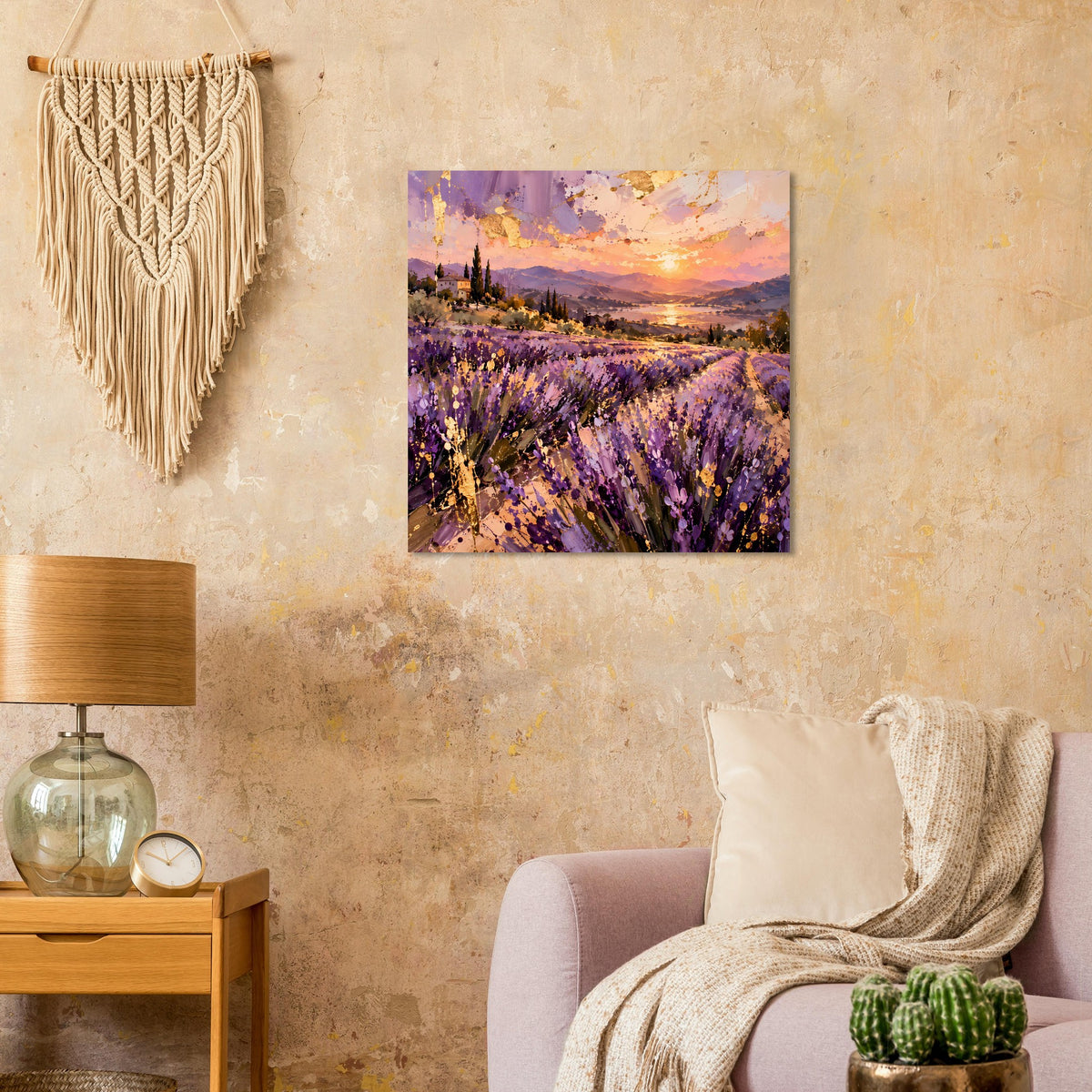 Landschaftsposter: violette Lavendelreihen bei goldenem Sonnenuntergang, quadratisch