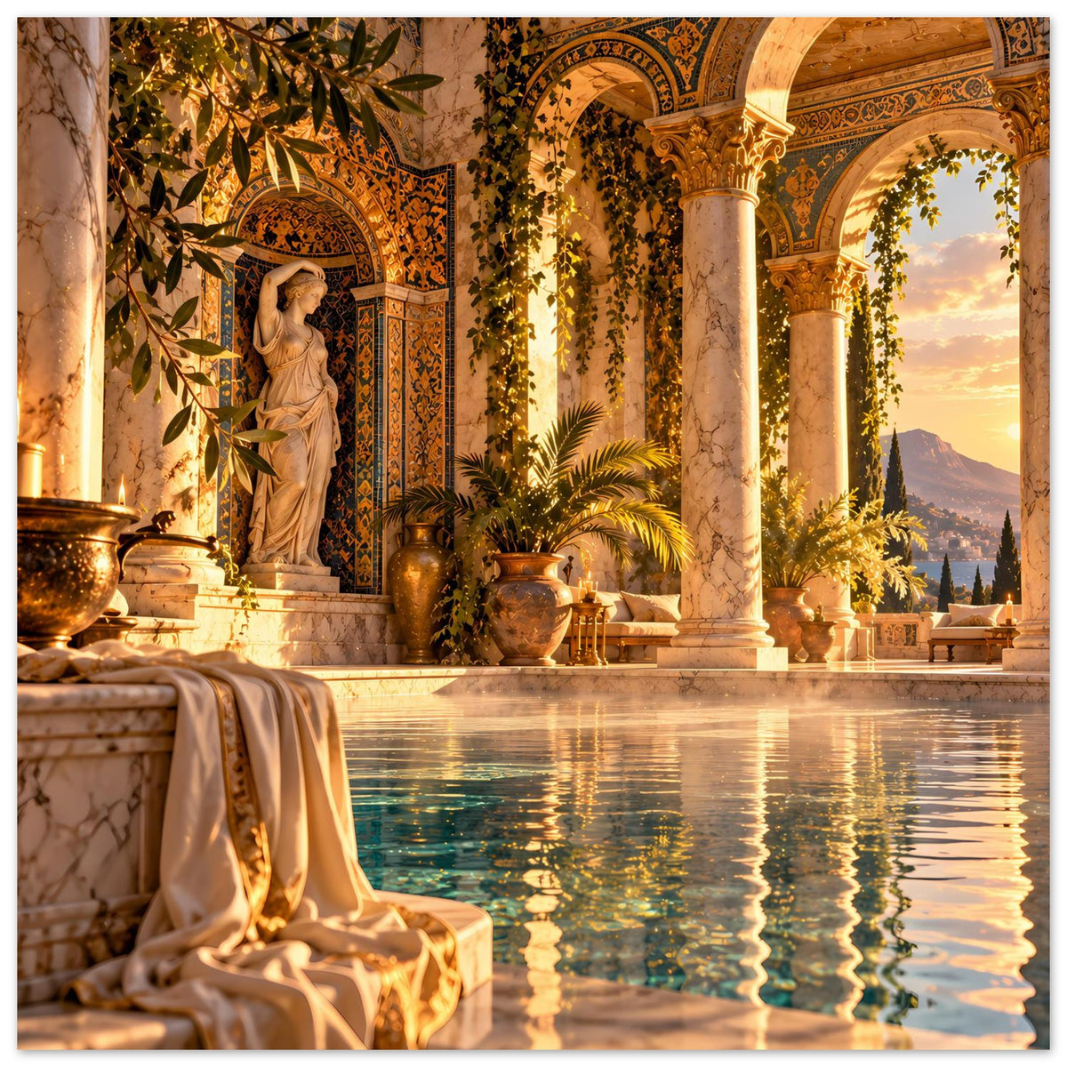 Mediterranes Pool-Poster mit Säulen, Nische mit Statue und reflektierender Wasserfläche