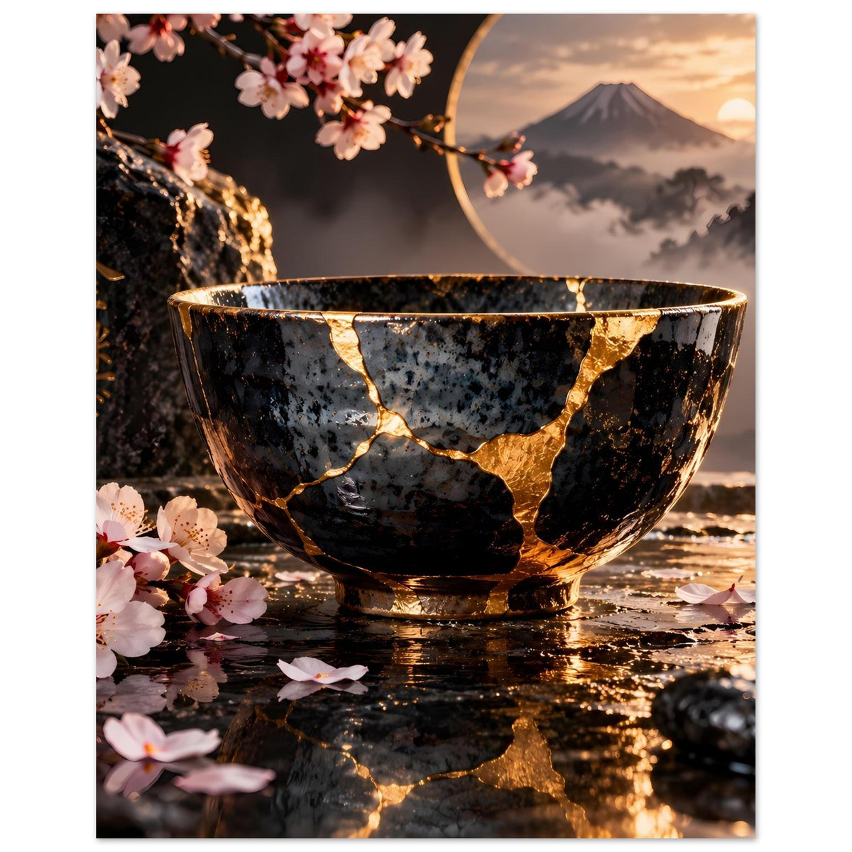 Kintsugi-Elegance-Poster: schwarze Schale mit goldenen Rissen, Kirschblüten und Berg im Hintergrund