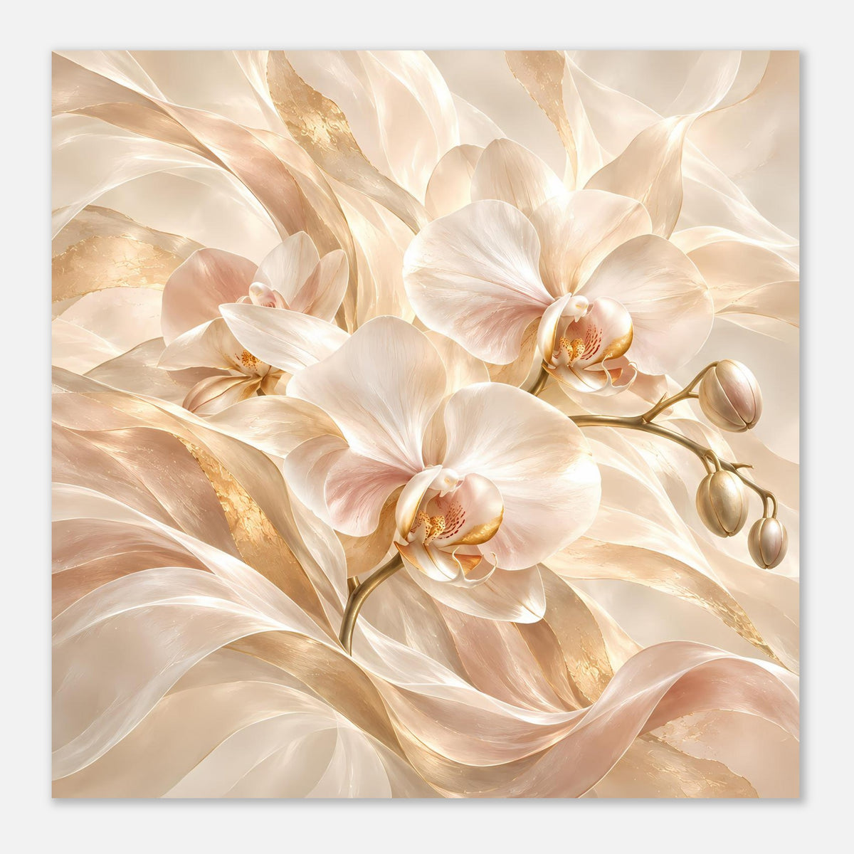 Orchideenposter im Quadratformat mit weißen Orchideen, goldenen Highlights und feinen Details