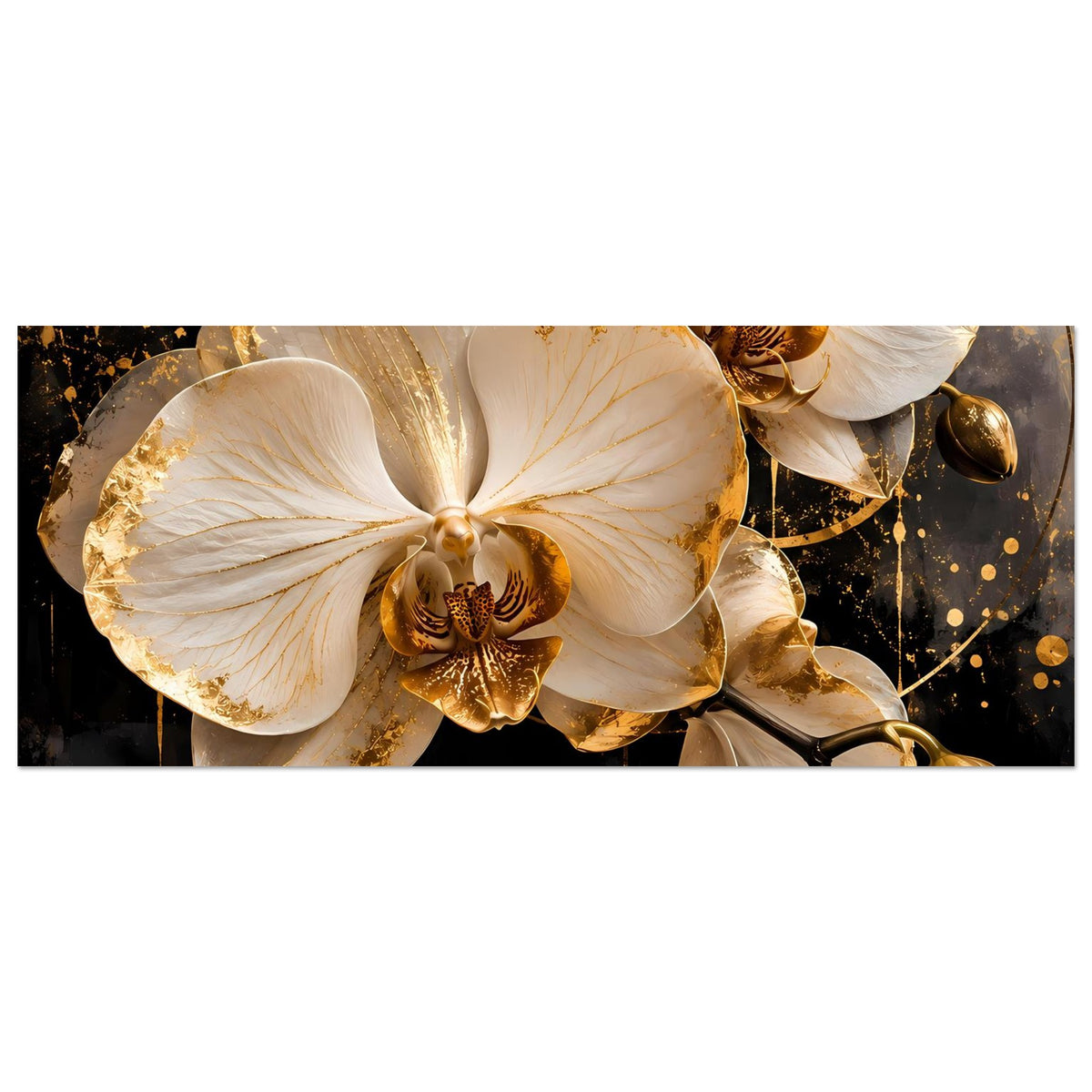 Breites Orchideen-Wandposter mit cremeweißen Blüten und goldenen Schmuckknospen im Fokus