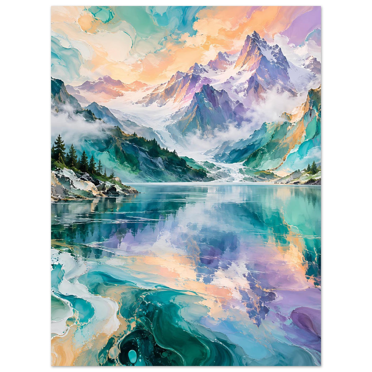 Posterdruck mit Bergpanorama und See, kräftige Türkis- und Violetttöne im Bild