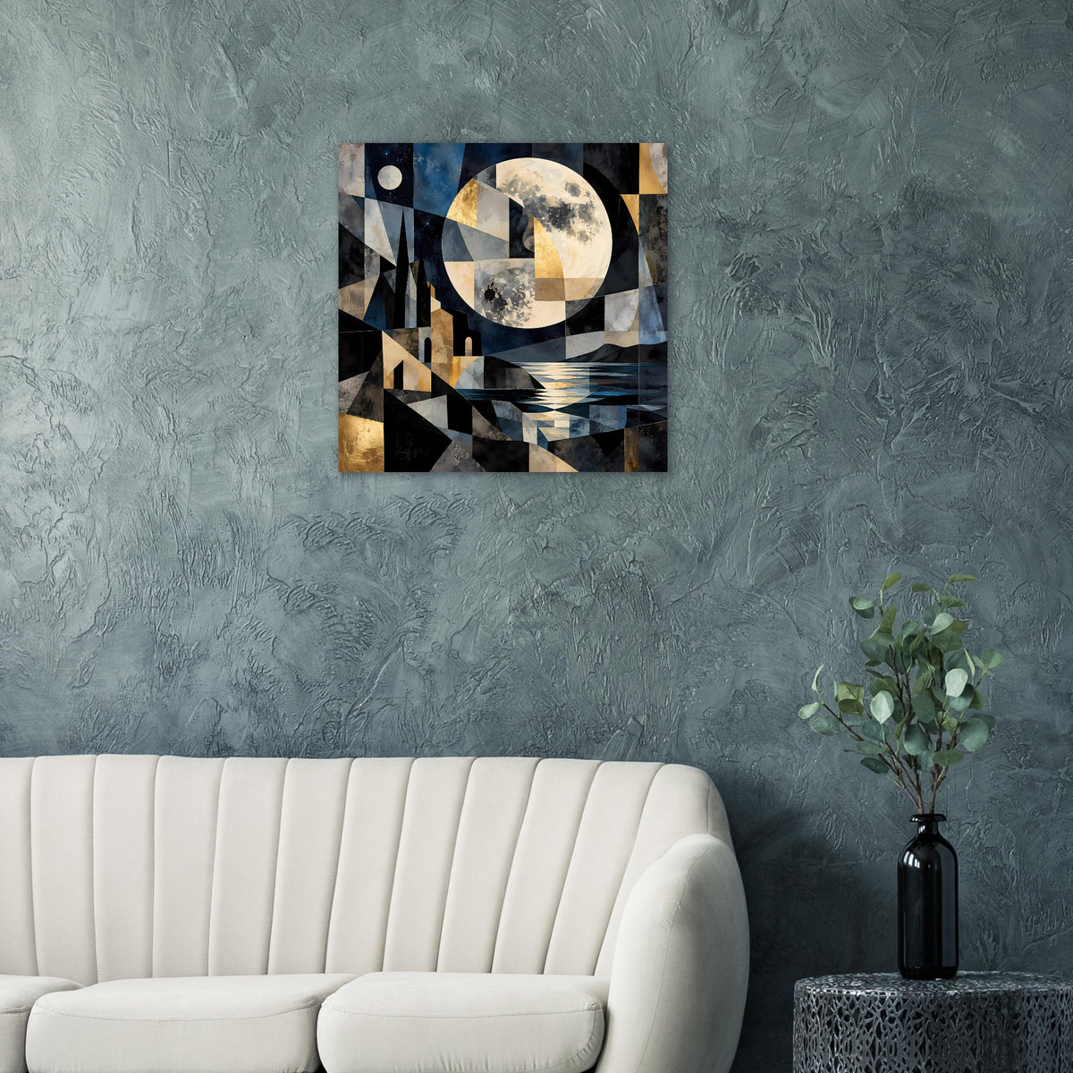 Geometrisches Wandposter mit Mond und nächtlichen geometrischen Streifen in Blau, Schwarz, Gold